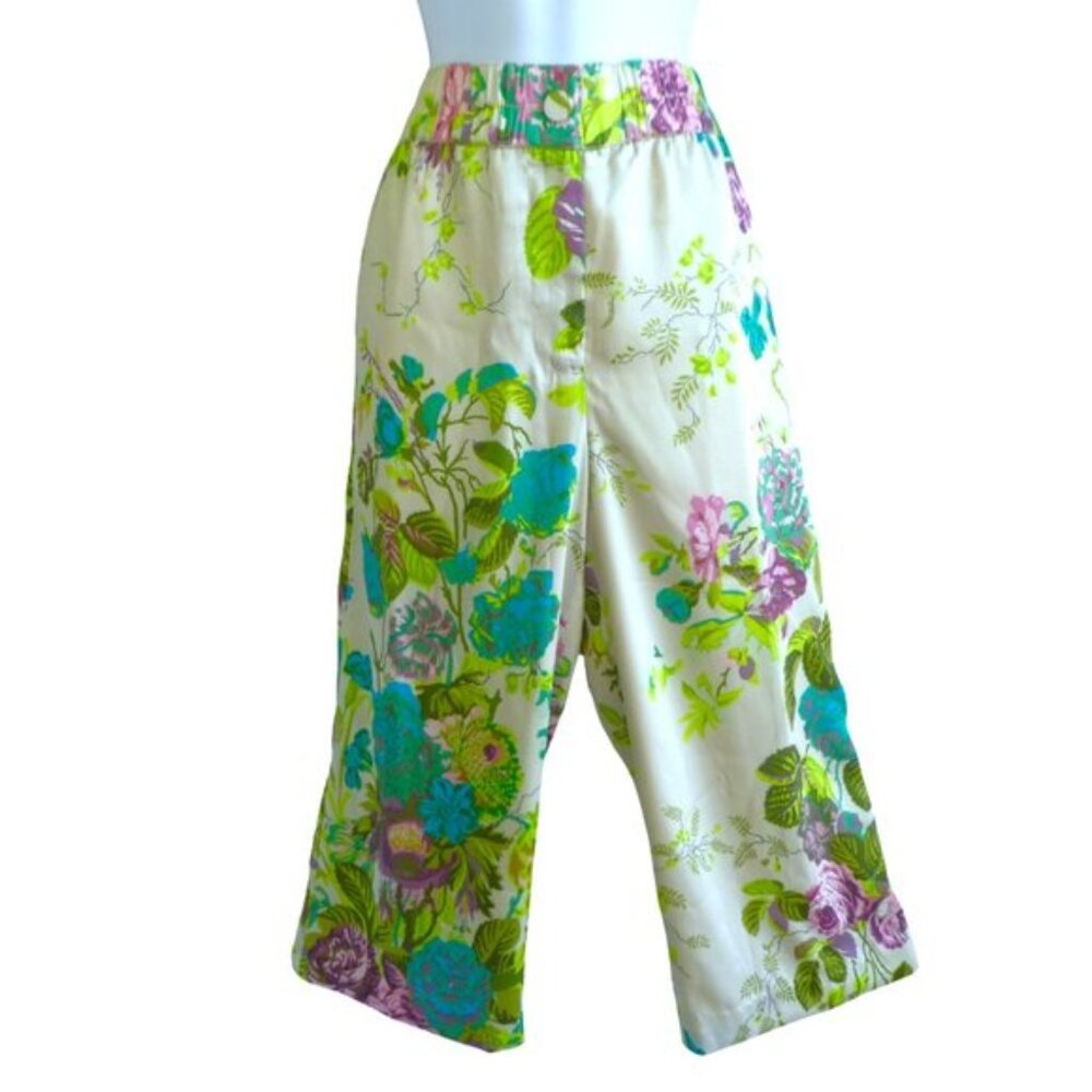 J Crew Collection Satin Pull On Pant Ratti Leafy Floral Print Zipper Fly Hemmed